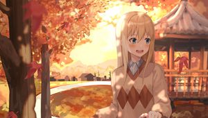 Preview wallpaper girl, bike, autumn, anime, art, cartoon