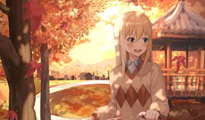 Preview wallpaper girl, bike, autumn, anime, art, cartoon