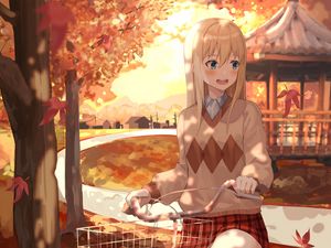 Preview wallpaper girl, bike, autumn, anime, art, cartoon