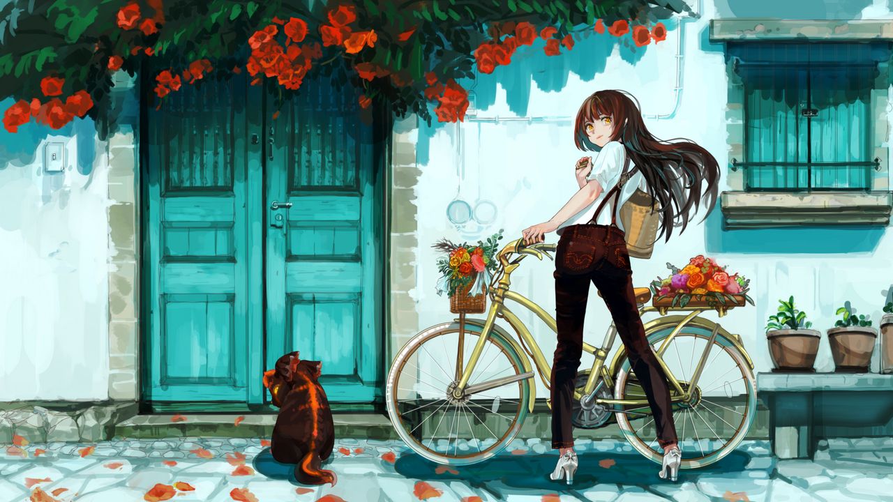 Wallpaper girl, bike, flowers, anime, art