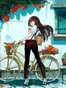 Preview wallpaper girl, bike, flowers, anime, art