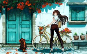 Preview wallpaper girl, bike, flowers, anime, art