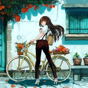 Preview wallpaper girl, bike, flowers, anime, art