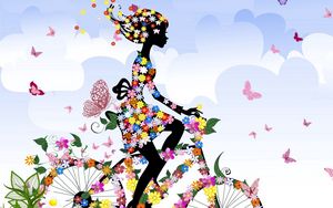 Preview wallpaper girl, bike, flowers, butterflies