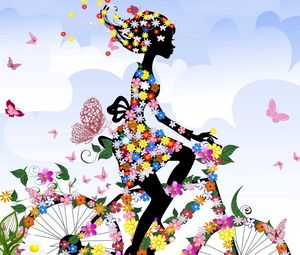 Preview wallpaper girl, bike, flowers, butterflies