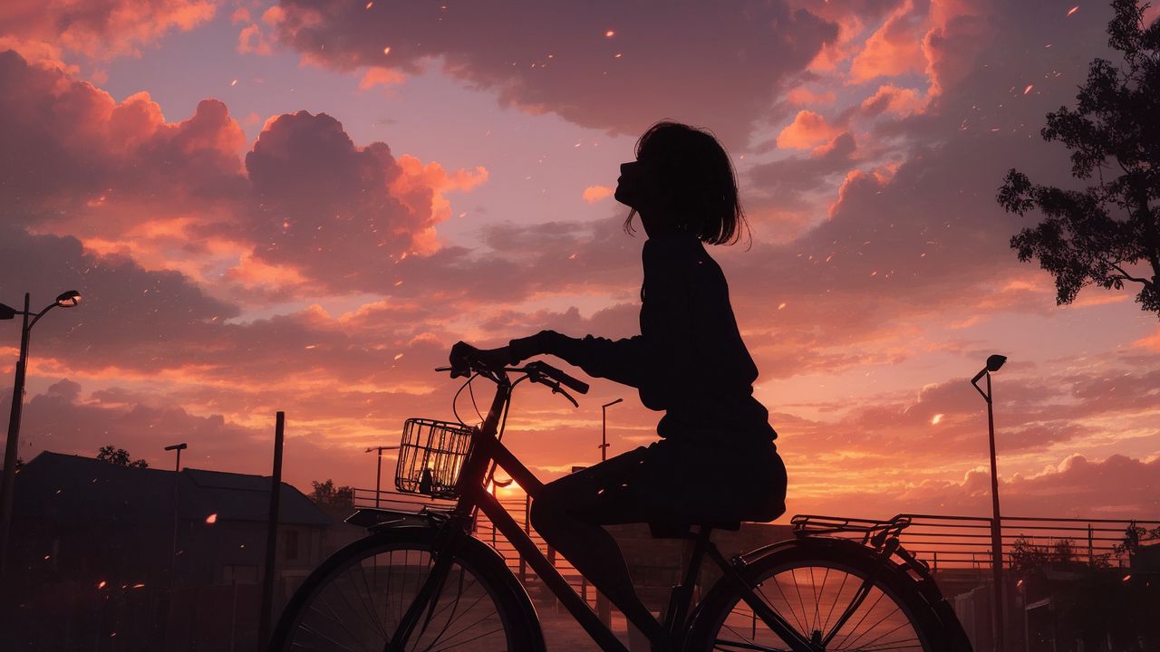 Wallpaper girl, bike, silhouette, sunset, anime
