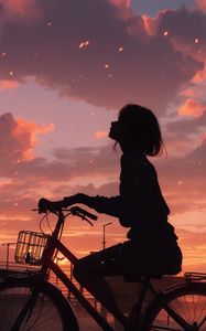 Preview wallpaper girl, bike, silhouette, sunset, anime