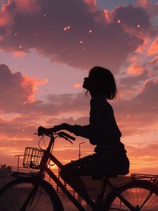 Preview wallpaper girl, bike, silhouette, sunset, anime