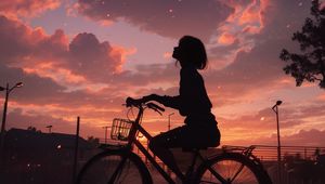 Preview wallpaper girl, bike, silhouette, sunset, anime