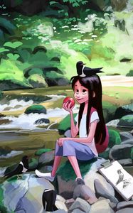 Preview wallpaper girl, birds, apple, river, art