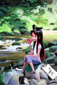 Preview wallpaper girl, birds, apple, river, art