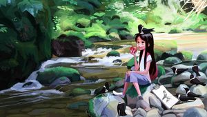 Preview wallpaper girl, birds, apple, river, art