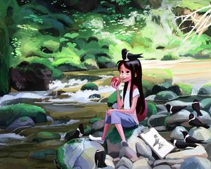 Preview wallpaper girl, birds, apple, river, art