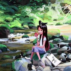 Preview wallpaper girl, birds, apple, river, art