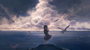 Preview wallpaper girl, birds, clouds, sea, anime, art