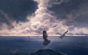 Preview wallpaper girl, birds, clouds, sea, anime, art