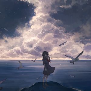 Preview wallpaper girl, birds, clouds, sea, anime, art