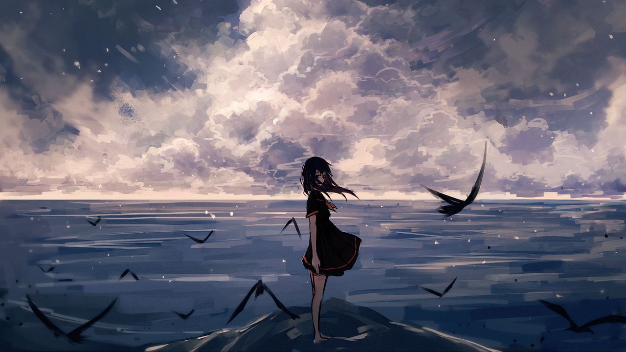 Wallpaper girl, birds, sea, anime, art