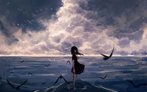 Preview wallpaper girl, birds, sea, anime, art