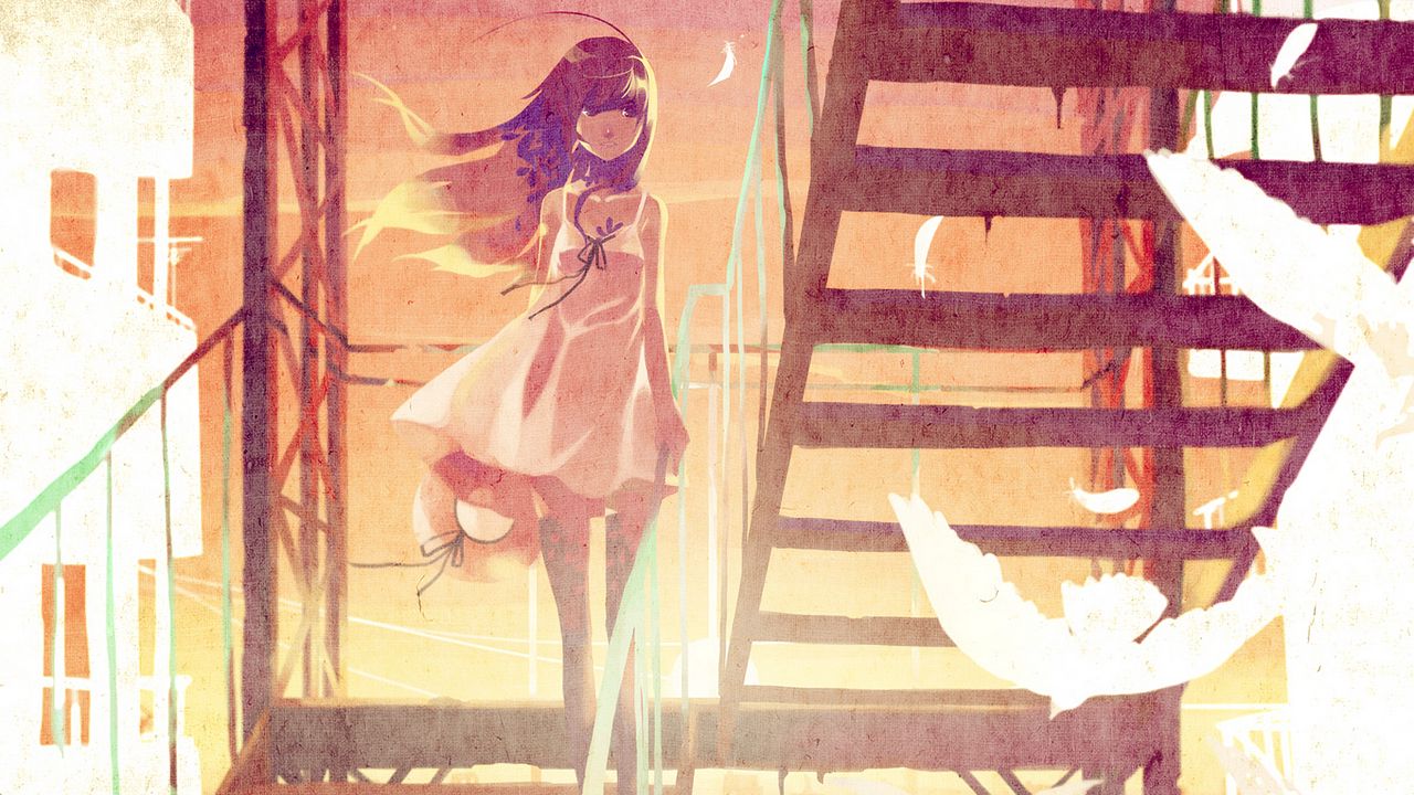 Wallpaper girl, birds, stairs, anime
