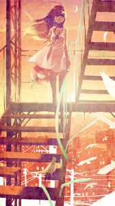 Preview wallpaper girl, birds, stairs, anime