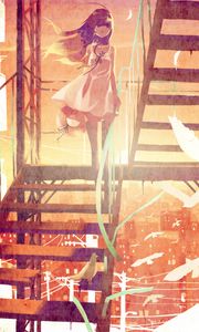 Preview wallpaper girl, birds, stairs, anime