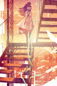 Preview wallpaper girl, birds, stairs, anime