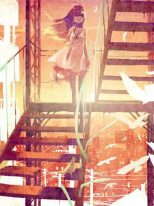 Preview wallpaper girl, birds, stairs, anime