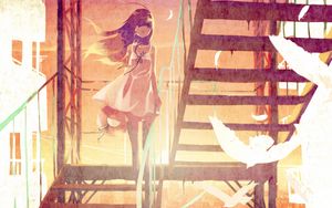 Preview wallpaper girl, birds, stairs, anime