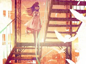 Preview wallpaper girl, birds, stairs, anime