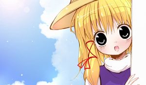 Preview wallpaper girl, blond, hat, surprise, wall, sky