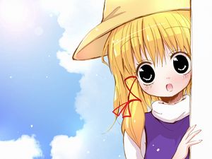 Preview wallpaper girl, blond, hat, surprise, wall, sky