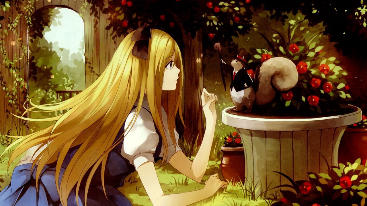 Wallpaper girl, blonde, hamster, hat, garden, flowers, talking