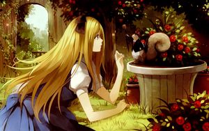 Preview wallpaper girl, blonde, hamster, hat, garden, flowers, talking
