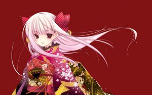 Preview wallpaper girl, blonde, kimono, background, bow, smile