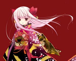 Preview wallpaper girl, blonde, kimono, background, bow, smile