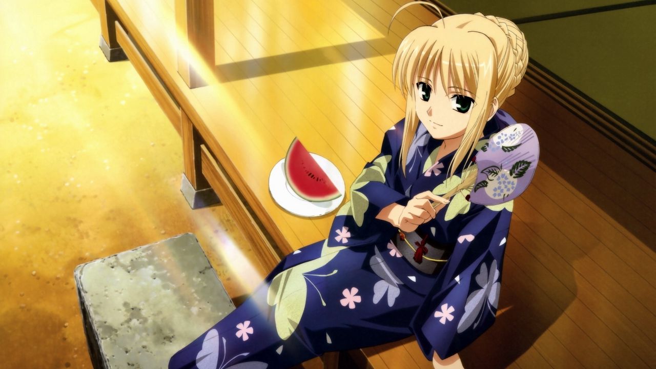 Wallpaper girl, blonde, kimono, watermelon, slice, smile, mood