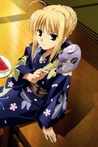 Preview wallpaper girl, blonde, kimono, watermelon, slice, smile, mood