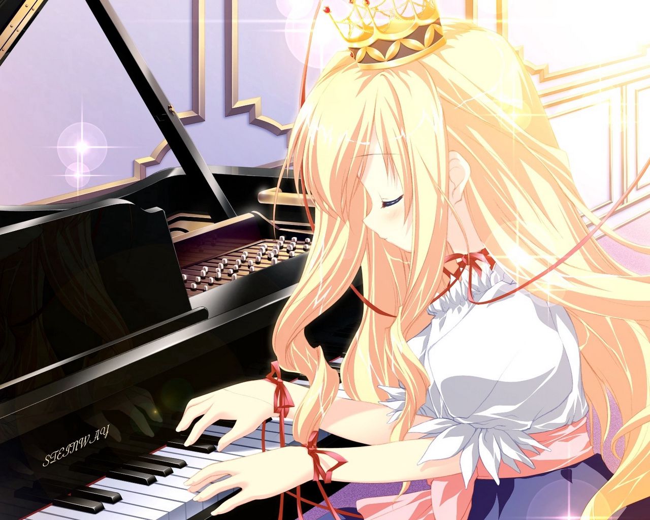 Download wallpaper 1280x1024 girl, blonde, piano, play, music standard 5:4  hd background