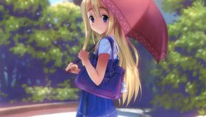 Preview wallpaper girl, blonde, pretty, umbrella, walking