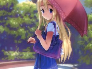 Preview wallpaper girl, blonde, pretty, umbrella, walking