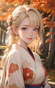 Preview wallpaper girl, blonde, smile, kimono, autumn