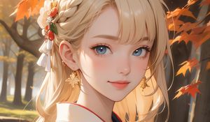 Preview wallpaper girl, blonde, smile, kimono, autumn