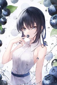 Preview wallpaper girl, blueberries, berries, water, drops, anime