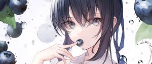 Preview wallpaper girl, blueberries, berries, water, drops, anime