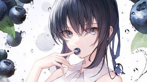 Preview wallpaper girl, blueberries, berries, water, drops, anime