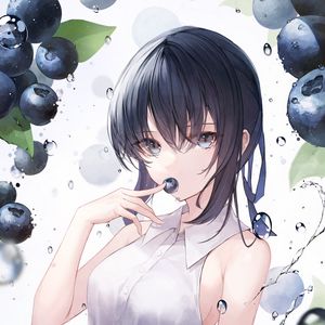 Preview wallpaper girl, blueberries, berries, water, drops, anime