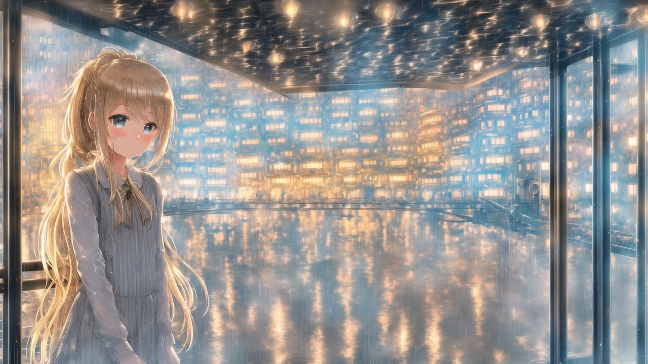 Wallpaper girl, blush, buildings, lights, anime