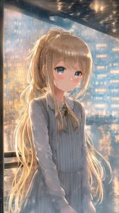 Preview wallpaper girl, blush, buildings, lights, anime