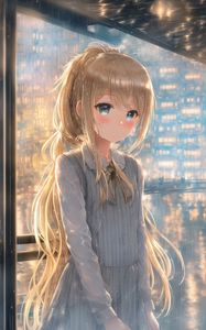 Preview wallpaper girl, blush, buildings, lights, anime